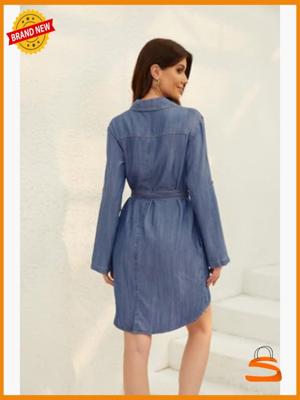 Women's Casual Button Down Jean Shirt Dress Long Sleeve Tie Waist Lightweight - Picture 4 of 7